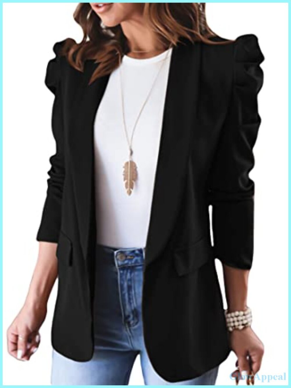 Women's Casual Puff Sleeve Blazer Open Front Lightweight Office Jacket